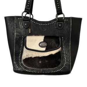 Montana West Trinity Ranch NEW Tote Bag Black Tooled Leather Calf Hair Western